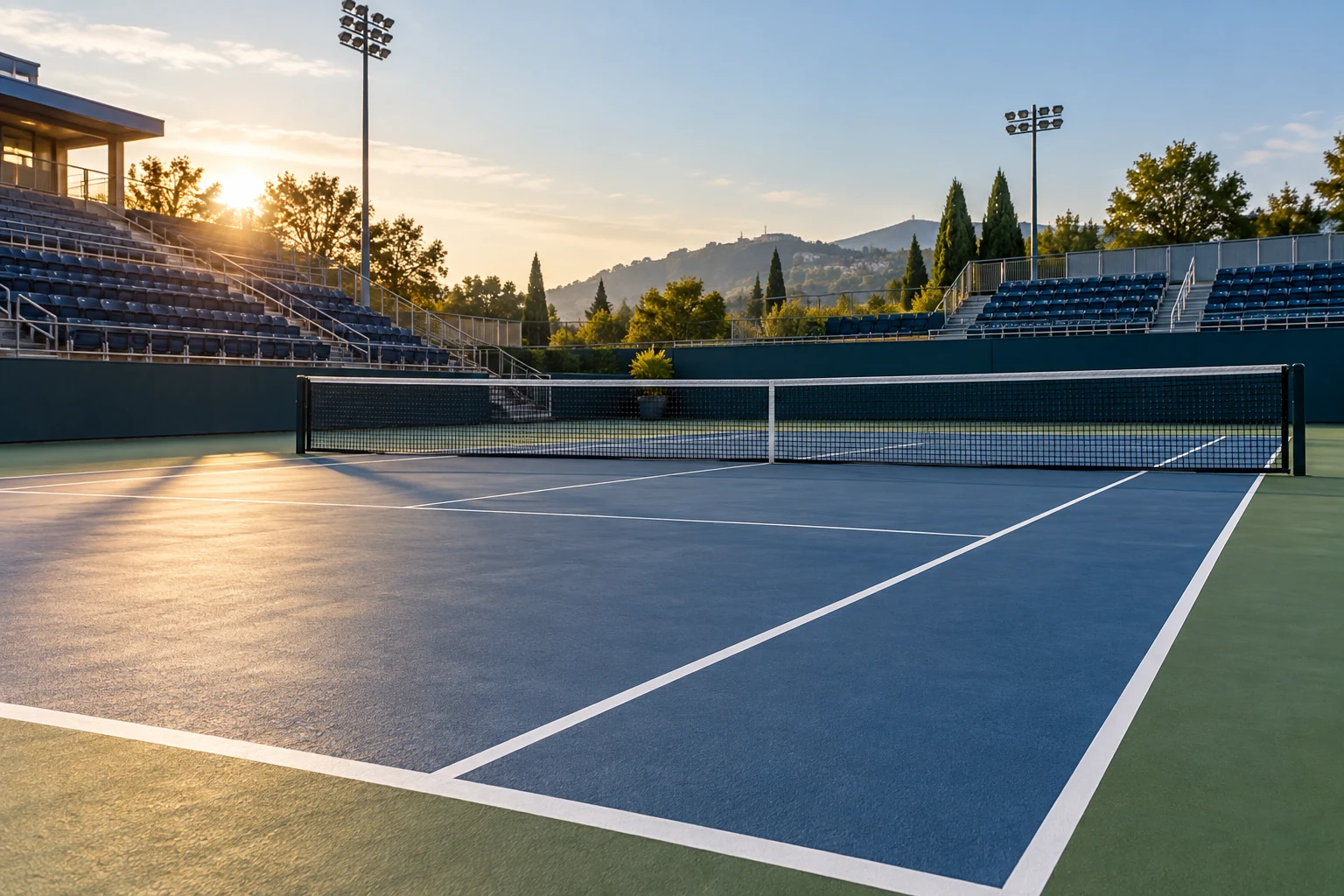 Illustrative tennis stadium at sunrise